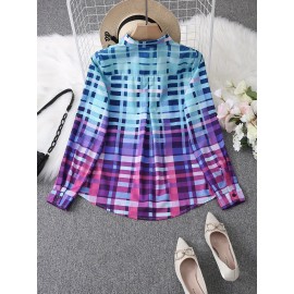 Colorful Plaid Print Shirt, Casual Long Sleeve Button Front Shirt With A Collar, Women's Clothing