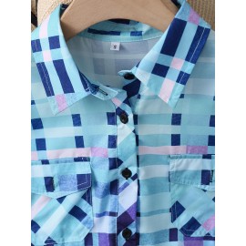Colorful Plaid Print Shirt, Casual Long Sleeve Button Front Shirt With A Collar, Women's Clothing