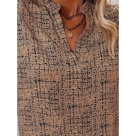 All Over Print Notch Neck Blouse, Casual Short Sleeve Blouse For Spring & Summer, Women's Clothing