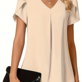 Solid V-neck Petal Sleeve Blouse, Versatile Simple Blouse For Spring & Summer, Women's Clothing