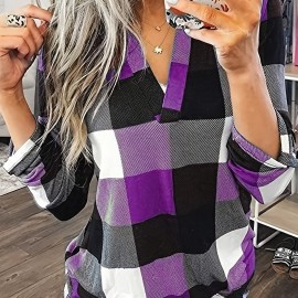 Casual Plaid Shirt, Long Sleeve V-neck Shirt,  Casual Every Day Tops, Women's Clothing