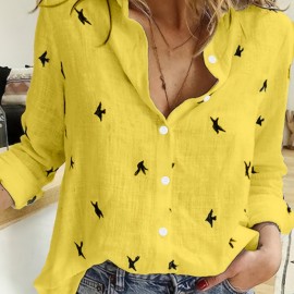 Bird Print Button Front Shirt, Casual Long Sleeve Shirt For Spring & Fall, Women's Clothing