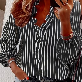 Ruffled Trim V Neck Shirt, Elegant Loose Long Sleeve Shirt, Women's Clothing