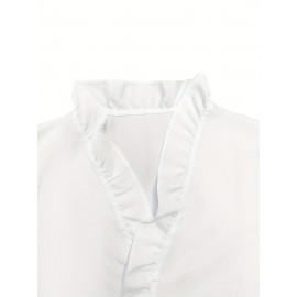 Ruffled Trim V Neck Shirt, Elegant Loose Long Sleeve Shirt, Women's Clothing