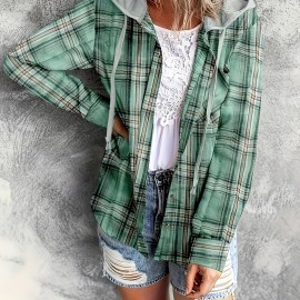 Hooded Plaid Print Blouse, Casual Button Front Drawstring Long Sleeve Blouse, Women's Clothing