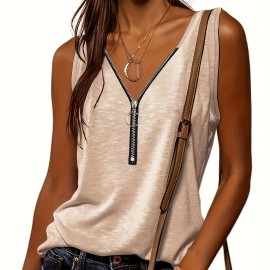 Half Zip Solid Tank Top, Casual Sleeveless Summer Tank Top, Women's Clothing