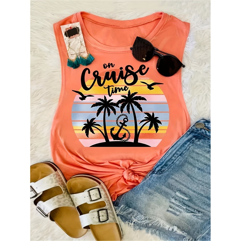 Coconut Tree & Anchor Print Tank Top, Casual Crew Neck Sleeveless Summer Tank Top, Women's Clothing