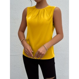 Solid Pleated Simple Tank Top, Elegant Sleeveless Tank Top For Summer, Women's Clothing