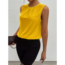 Solid Pleated Simple Tank Top, Elegant Sleeveless Tank Top For Summer, Women's Clothing