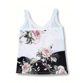 Floral Print V Neck Wide Strap Top, Casual Sleeveless Cami Top For Summer, Women's Clothing