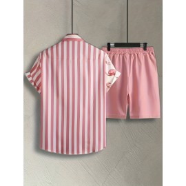 Casual Two-Piece Set, Men's Geometric Print Short Sleeve Shirt & Drawstring Shorts Matching Set For Summer