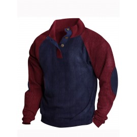 Men's Color Block Half Button Up Stand Collar Sweatshirt For Men Retro Corduroy Sweatshirts For Winter Fall Long Sleeve Tops