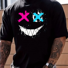 Big Smile Print, Men's Graphic Design Crew Neck Active T-shirt, Casual Comfy Tees Tshirts For Summer, Men's Clothing Tops For Daily Vacation Resorts