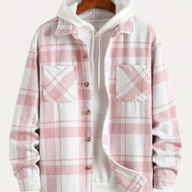 Big Plaid Pattern Men's Retro Casual Long Sleeve Lapel Shirt With Pocket Design, Fall Winter Outdoor