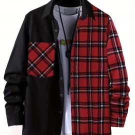 Plaid Pattern Men's Casual Thin Long Sleeve Color Block Button Up Shirt With Chest Pocket, Male Clothes For Summer Spring And Fall