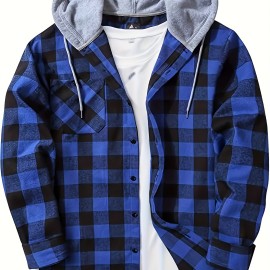 Plaid Pattern Men's Long Sleeve Hooded Shirt Jacket With Chest Pocket, Men's Casual Fall Winter Outwear