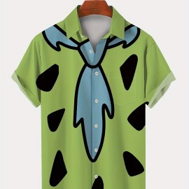 Retro Anime Print Men's Short Sleeve Pocket Lapel Shirt, Men's Trendy Button Up Tops For Summer Outdoor, Perfect Wear For Halloween